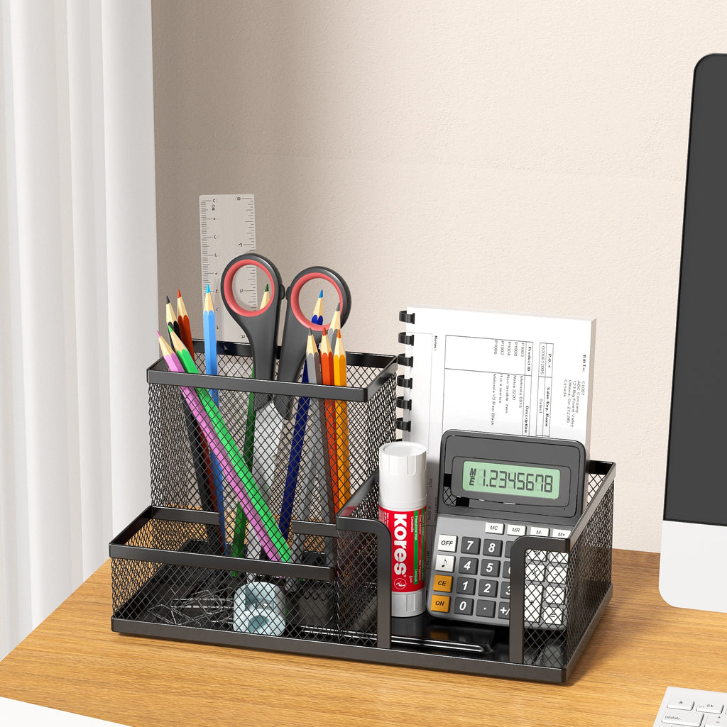 Mesh Desk Organizer Office Supplies Caddy with Pencil Holder and Storage Baskets for Desktop Accessories, 3 Compartments, Black